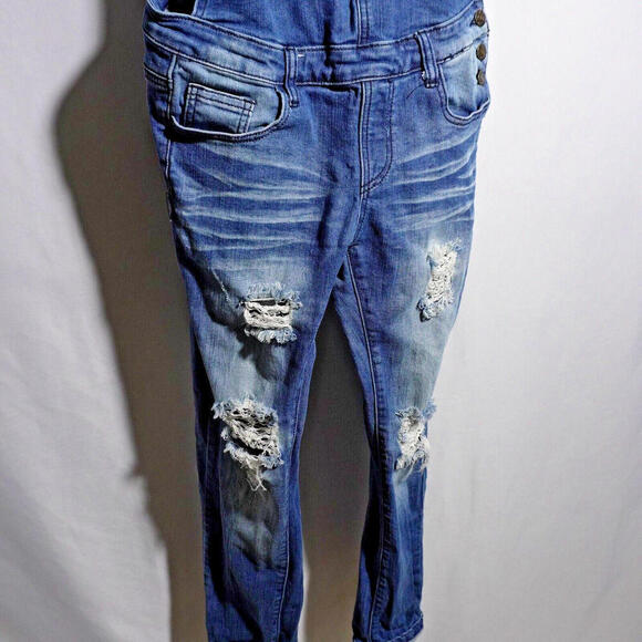 Machine Italy Bib Overalls Womens 31 Large Blue Distressed Grunge‎ Denim Skinny - Picture 2 of 9
